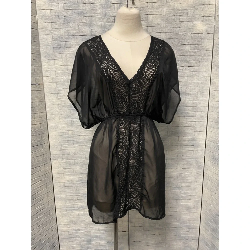 Miken Swim Large Cover Up Womens Black Lace Trim Sheer Kimono Sleeve Boho Beach